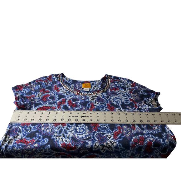 Ruby Rd Shirt Womens Large Blue Red Paisley Beaded Scoop Neck Short Sleeve Top - Picture 4 of 7